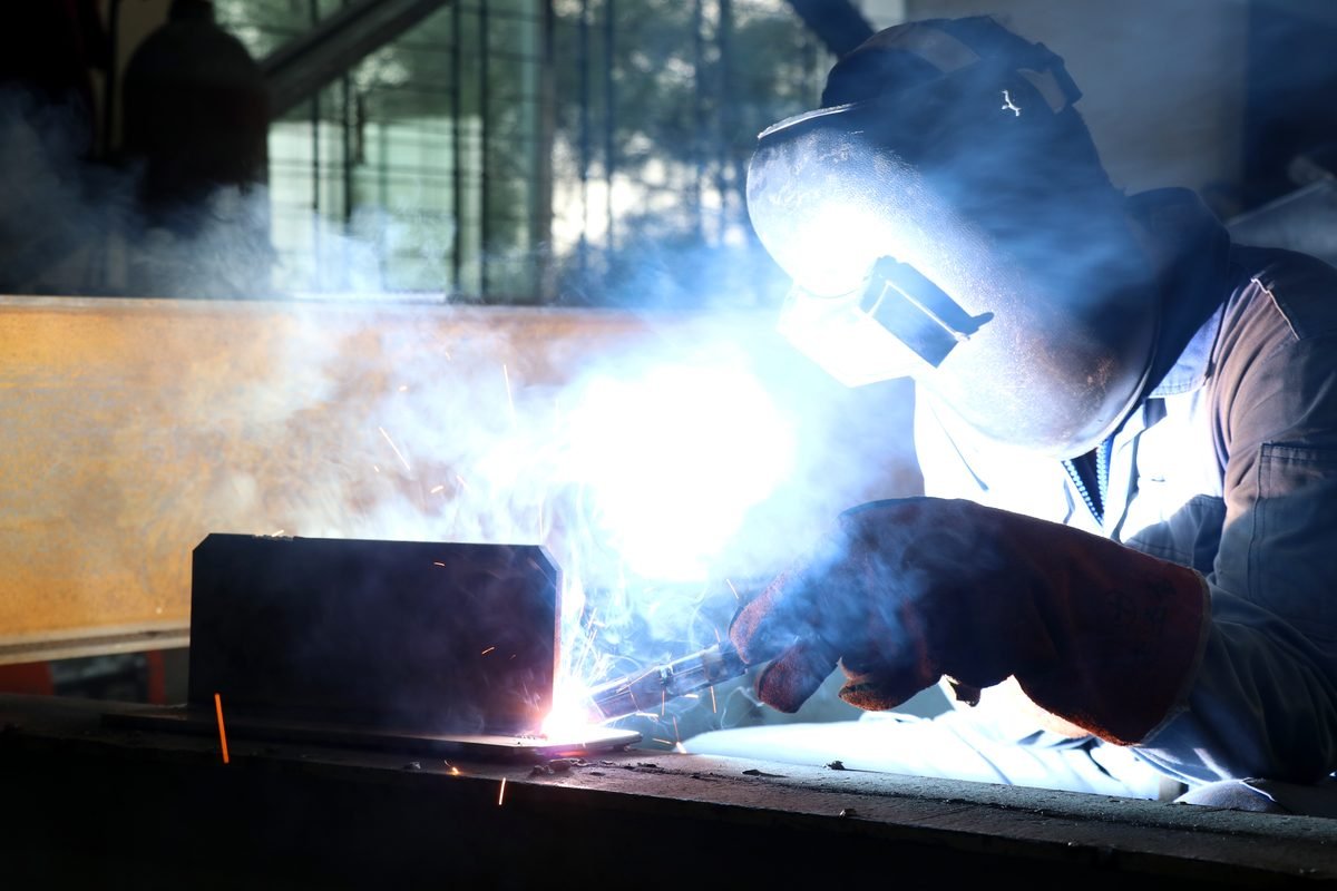 SteelCraft welder joining a structural steel section in the Noakhali fabrication shop